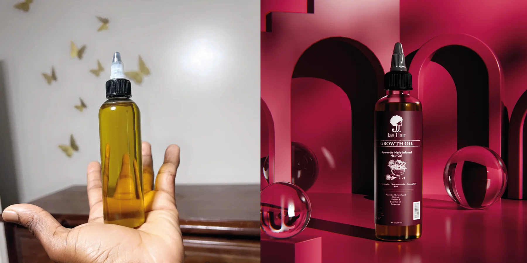 Jas Hair, growth oil. The client's photo, then the launch visual.