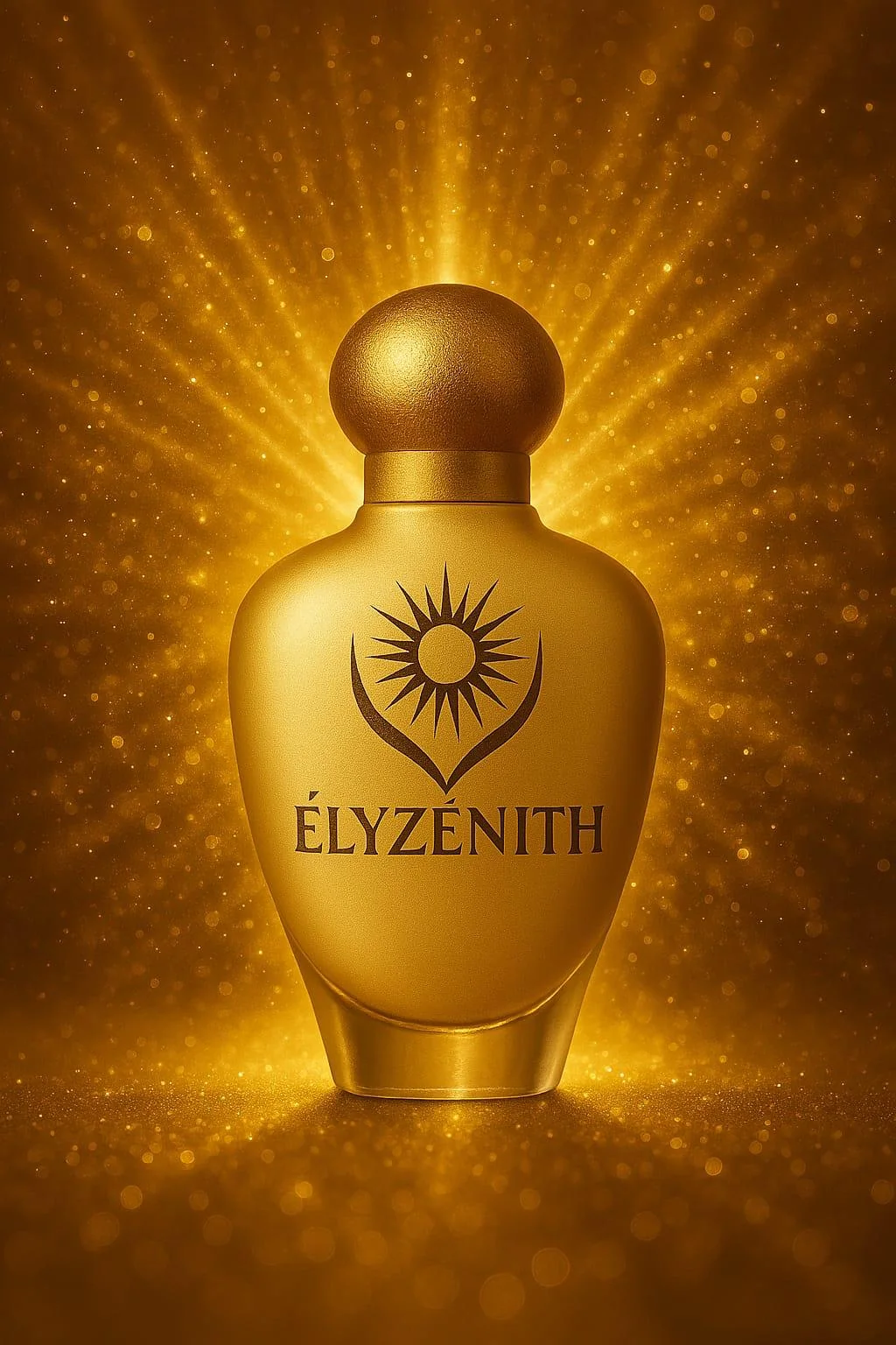 The client's AI-generated reference: a golden perfume bottle in front of rays of light.