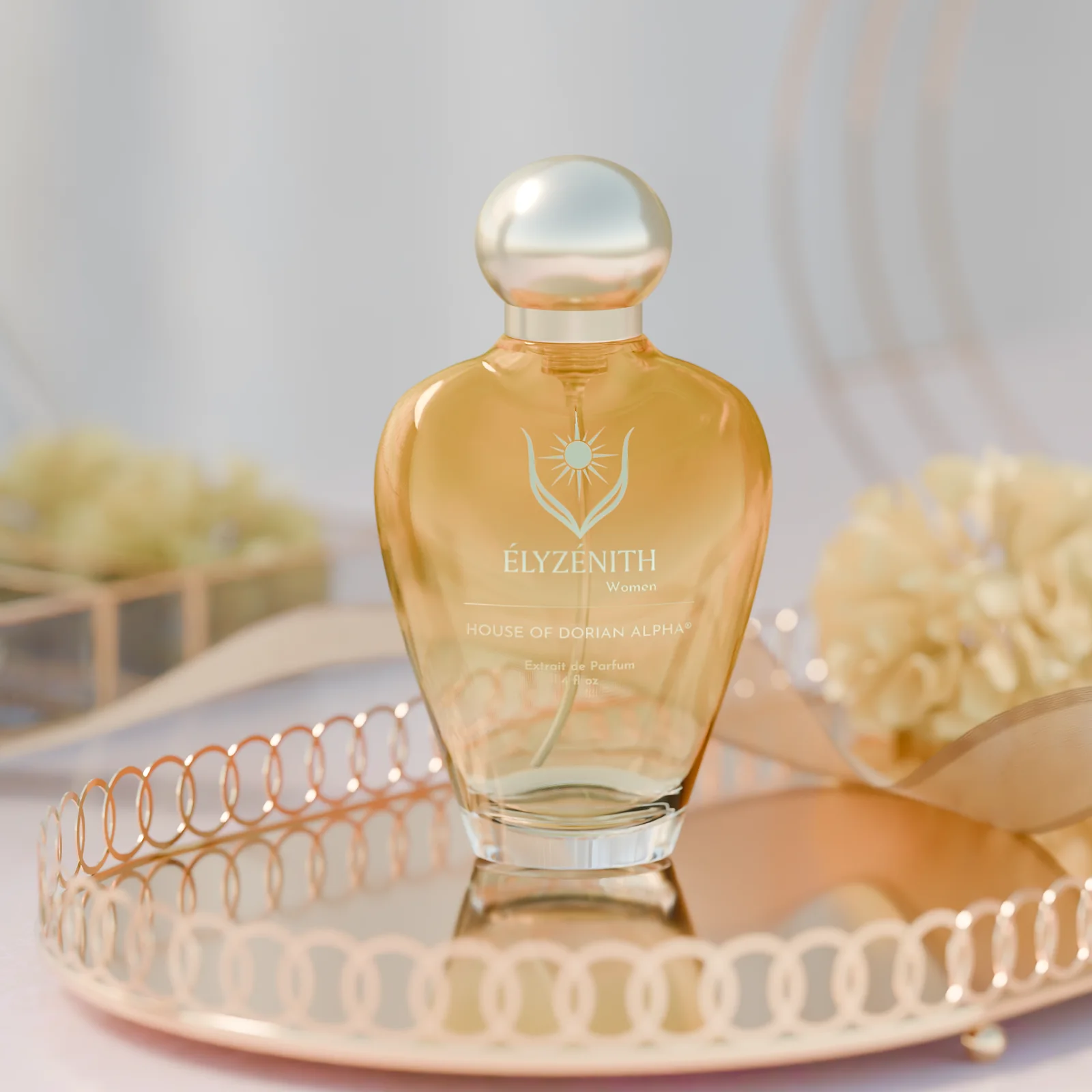 The final render: a glass bottle of amber perfume with the Élyzénith label, on a rose-gold tray in soft daylight.