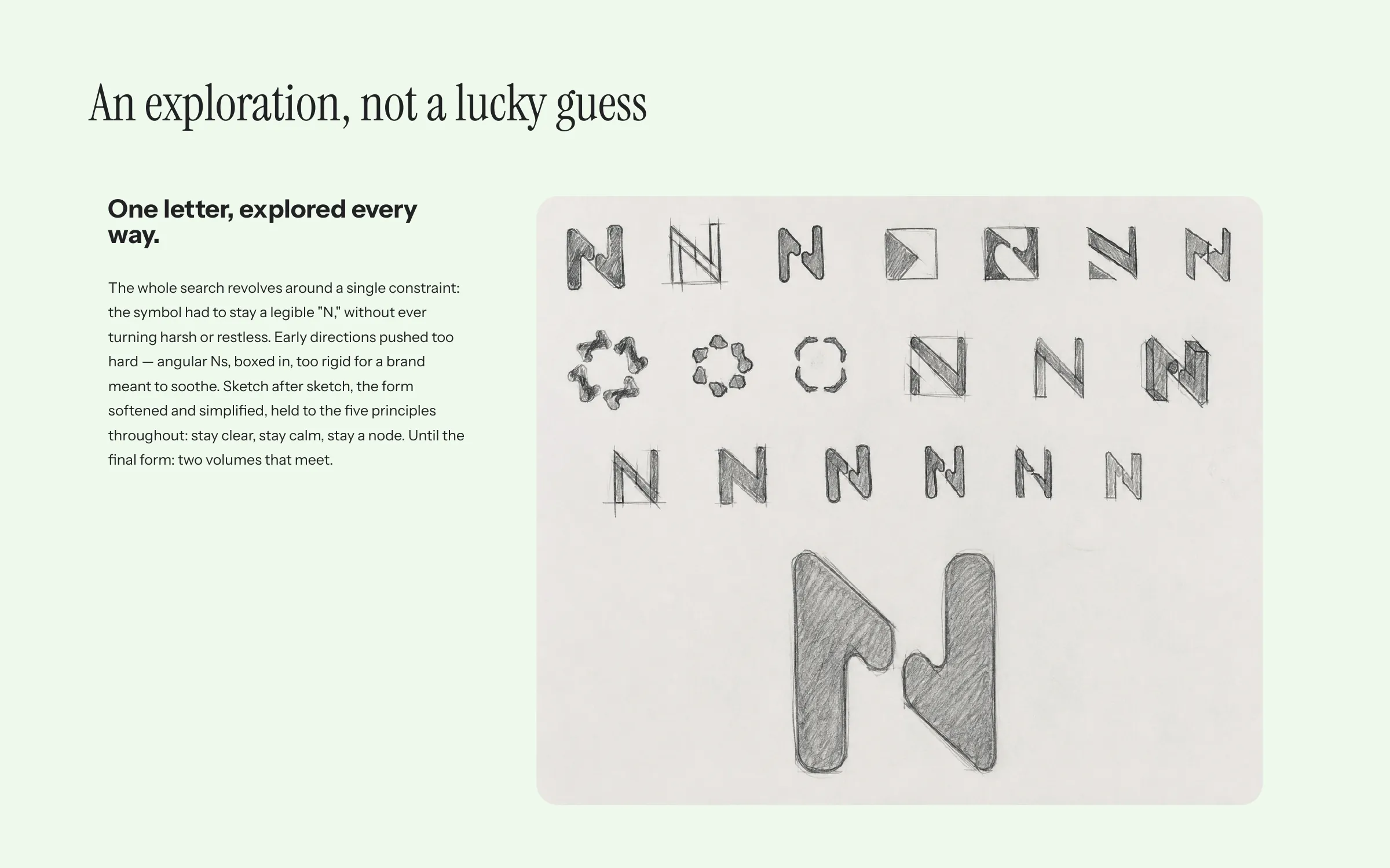 Board 5 of 14. Exploration sketches of the letter N.